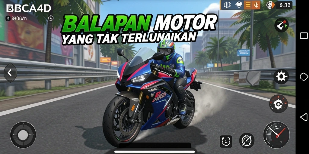 Gameplay memacu adrenalin di trek balapan motor yang menantang.