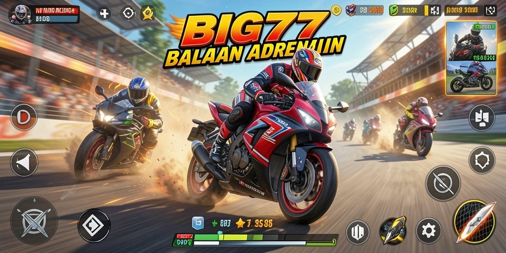 Tampilan gameplay balapan motor yang mendebarkan di BIG77.