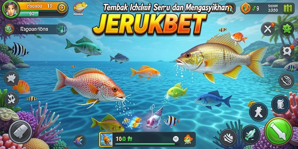 Tampilan gameplay <strong>JERUKBET</strong> saat menembak ikan berwarna-warni.