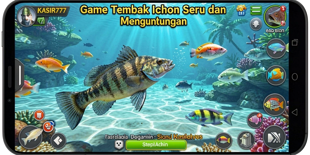 Gameplay seru KASIR777 dengan menembak ikan berwarna-warni.