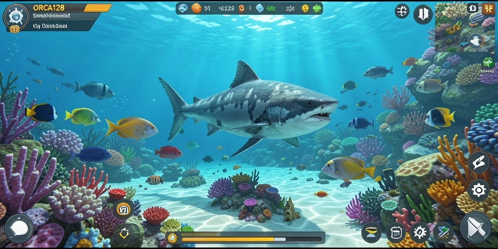Screenshot gameplay ORCA128 yang menampilkan eksplorasi kehidupan laut.