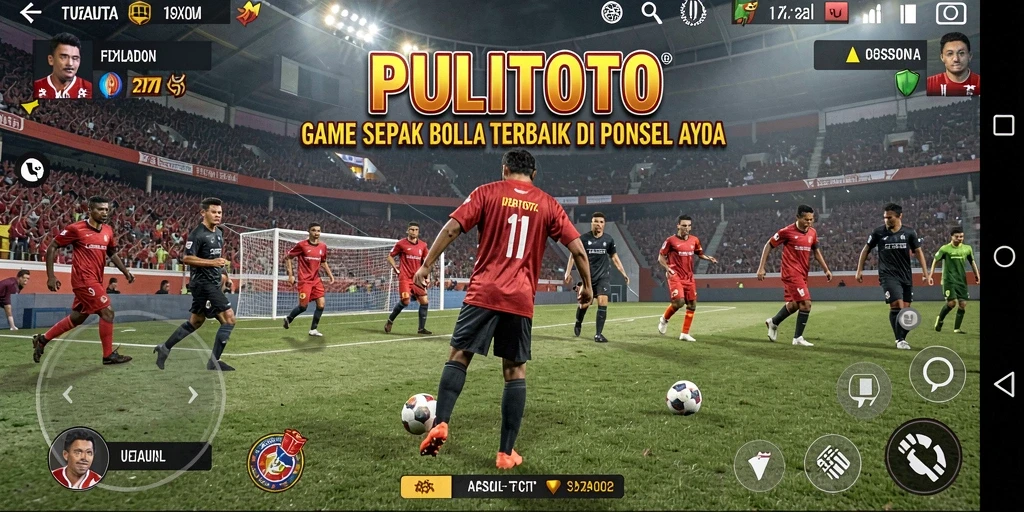 Tampilan gameplay utama PULITOTO dengan aksi sepak bola yang mendebarkan.