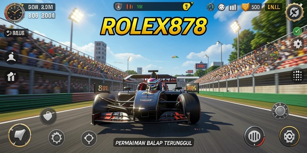 Screenshot gameplay ROLEX878 menampilkan balapan mendebarkan di trek yang menantang.