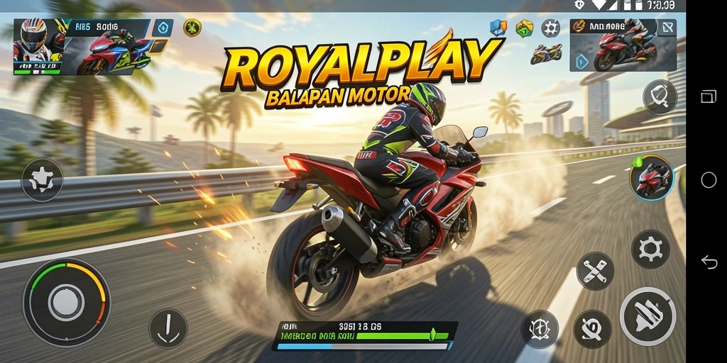Screenshot gameplay ROYALPLAY yang menunjukkan balapan motor yang seru dan menegangkan.