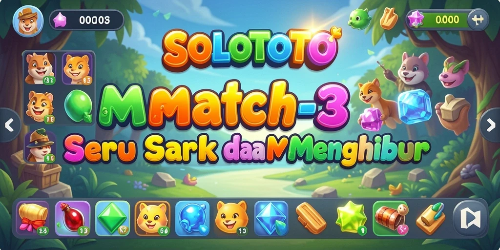 Screenshot gameplay SOLOTOTO menampilkan aksi Match-3 yang seru dan warna-warni.