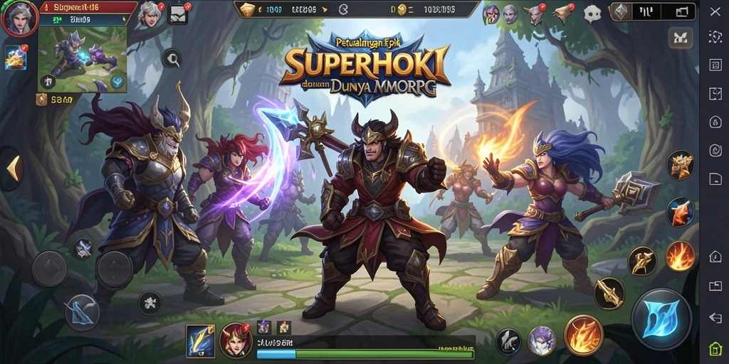 Screenshot gameplay SUPERHOKI menampilkan pertempuran heroik dalam dunia MMORPG.